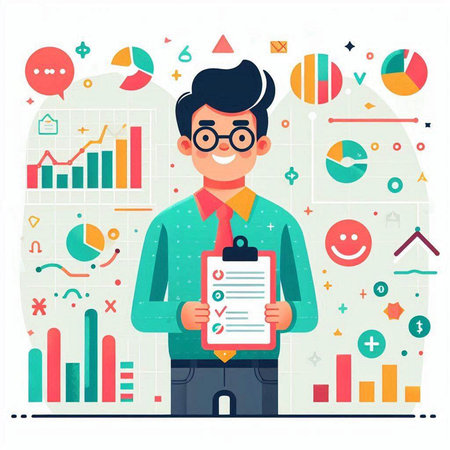 Businessman in glasses and a shirt holding a clipboard with a checklist. Flat vector illustration.のイラスト素材