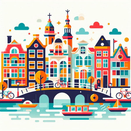 Amsterdam cityscape with colorful houses and bridge. Vector illustration.のイラスト素材