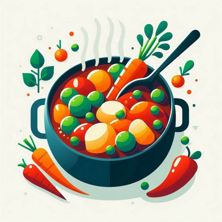 Vegetable stew in a pot with a spoon. Vector illustration.のイラスト素材