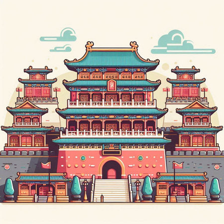 Colorful chinese temple. Vector hand drawn illustration in vintage style.のイラスト素材