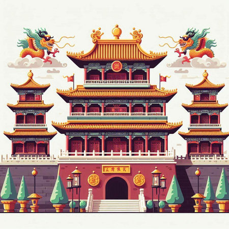 Chinese ancient buildings with dragon and lion. Vector illustration in cartoon styleのイラスト素材