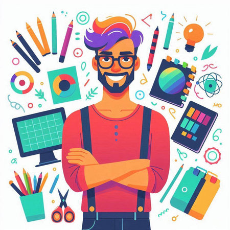 Creative man in glasses. Vector illustration in a flat style.のイラスト素材