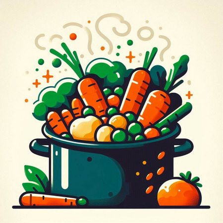 Vegetables in a pot. Vector illustration in retro style.のイラスト素材