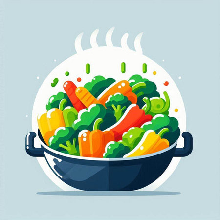 Vegetable stew in a pan. Vector illustration in cartoon style.のイラスト素材