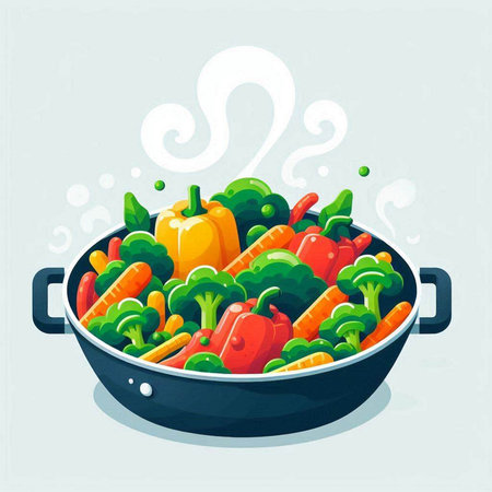 Vegetable stew in a pan. Vector illustration in cartoon style.のイラスト素材