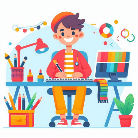Cute schoolboy sitting at the desk with computer and drawing. Vector illustrationのイラスト素材