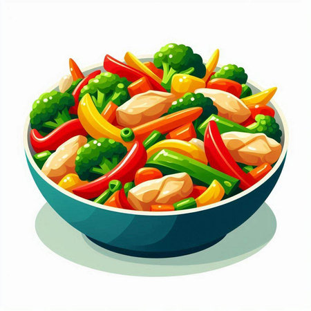 Illustration of a bowl of salad with chicken meat and vegetables.のイラスト素材