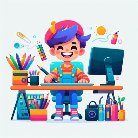 Cute cartoon boy sitting at the desk with computer. Vector illustrationのイラスト素材