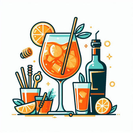 Cocktail with orange and mint. Vector illustration in flat style.のイラスト素材
