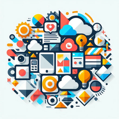 Flat design vector illustration concept of cloud computing technology and social media.のイラスト素材