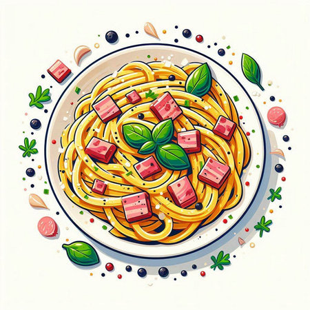 Spaghetti with tomato sauce and basil on plate. Vector illustration.のイラスト素材