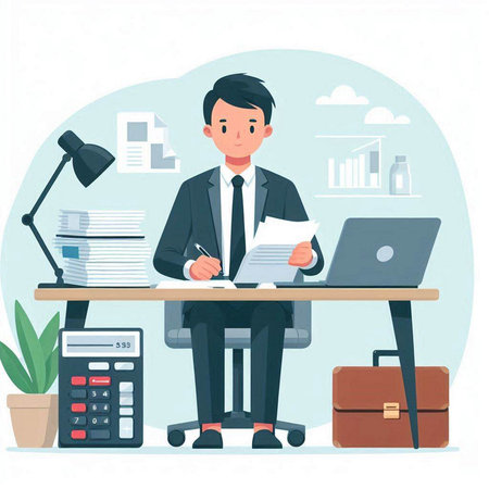 Businessman working at the office. Vector illustration in flat style.のイラスト素材