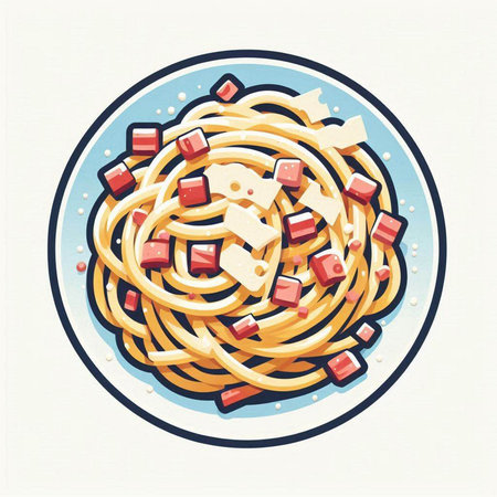Spaghetti with tomato sauce on a blue plate. Vector illustration.のイラスト素材