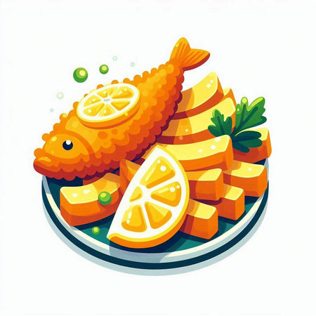 Fried fish with lemon and parsley on a plate. Vector illustration.のイラスト素材