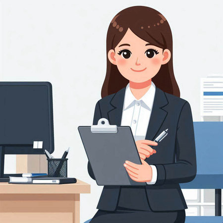 Businesswoman writing on clipboard in the office. Vector illustration of a young businesswoman.のイラスト素材
