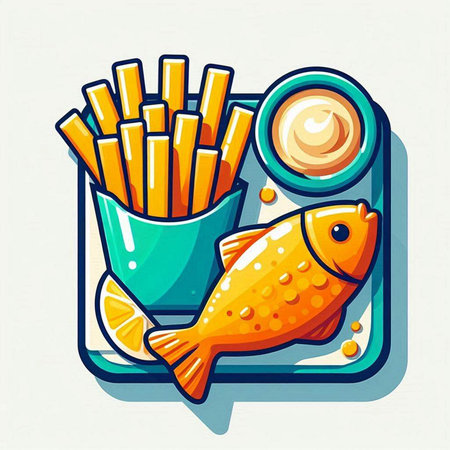 Illustration of fish and french fries in the box. Vector illustration.のイラスト素材