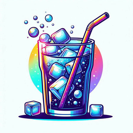 Cocktail with ice cubes and straw. Hand drawn vector illustration.のイラスト素材