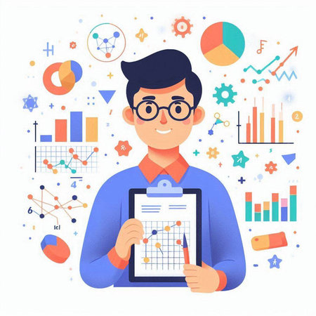 Businessman holding clipboard with graphs and charts. Vector illustration in flat styleのイラスト素材