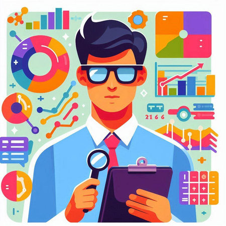Businessman with magnifying glass and clipboard. Vector illustration in flat styleのイラスト素材