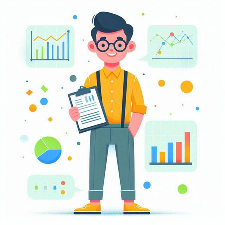 Businessman with clipboard. Vector illustration in a flat style. Man in a yellow shirt and glasses.のイラスト素材