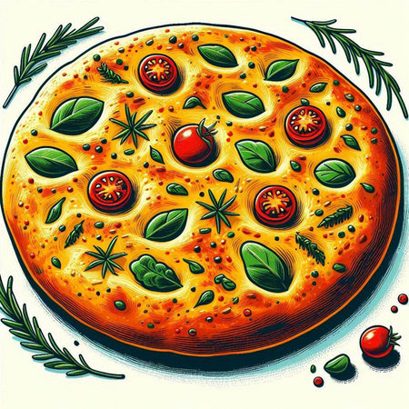 Pizza with tomatoes, herbs and spices. Hand drawn vector illustration.のイラスト素材