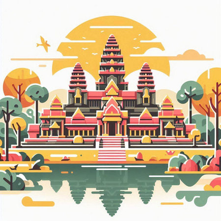 Thai temple on the lake in flat design style. Vector illustration.のイラスト素材