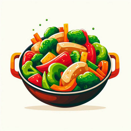 Stir fry vegetables in a frying pan. Cartoon vector illustration.のイラスト素材