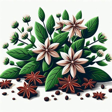 Coffee background with flowers and star anise, vector illustrationのイラスト素材