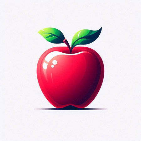 Red apple with green leaves on a white background. Vector illustration.のイラスト素材