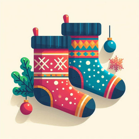 Christmas socks with ornaments. Vector illustration in flat style.のイラスト素材