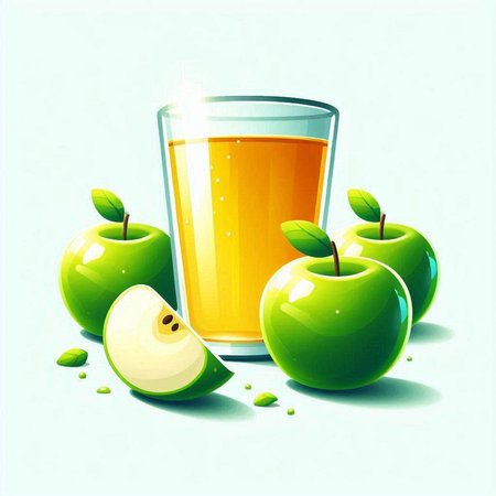 Glass of apple juice with green apples and green leaves. Vector illustration.のイラスト素材