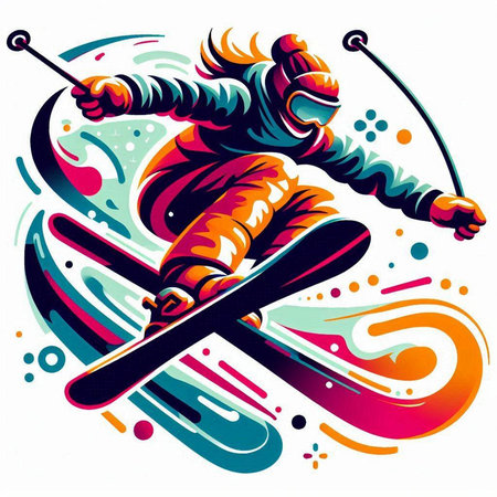 Vector illustration of skier jumping on colorful background with grunge elementsのイラスト素材