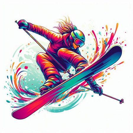 Vector illustration of a snowboarder on a background of colorful splashesのイラスト素材