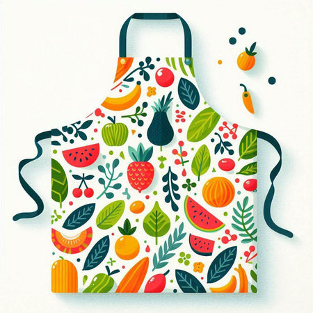 Kitchen apron with fruits and vegetables pattern. Vector illustration.のイラスト素材
