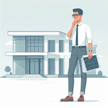 Businessman in front of a modern office building. Vector illustration.のイラスト素材