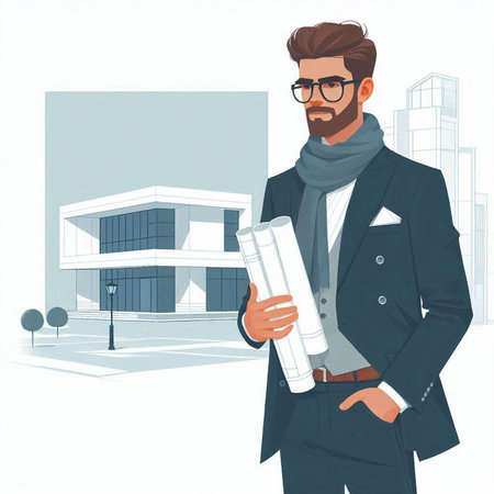 Real estate agent with blueprints in his hands. Vector illustration.のイラスト素材
