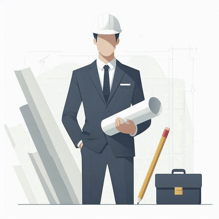 Architect standing with blueprints and pencil. Vector illustration in flat styleのイラスト素材