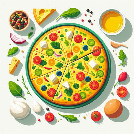Vector illustration of pizza in flat style with ingredients on white background.のイラスト素材