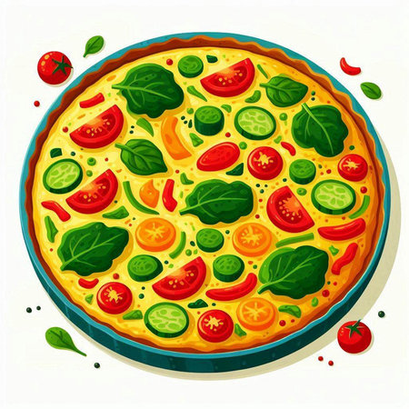 Pizza with tomato, cucumber and spinach. Vector illustration.のイラスト素材