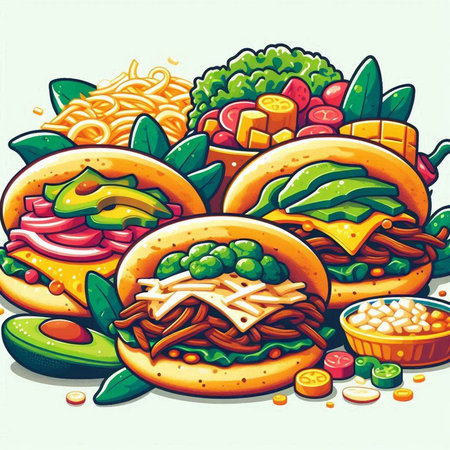 Illustration of a fast food meal with vegetables and chinese bunのイラスト素材