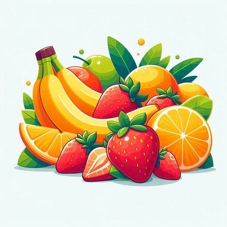 Fruit background with strawberries, bananas and oranges. Vector illustration.のイラスト素材