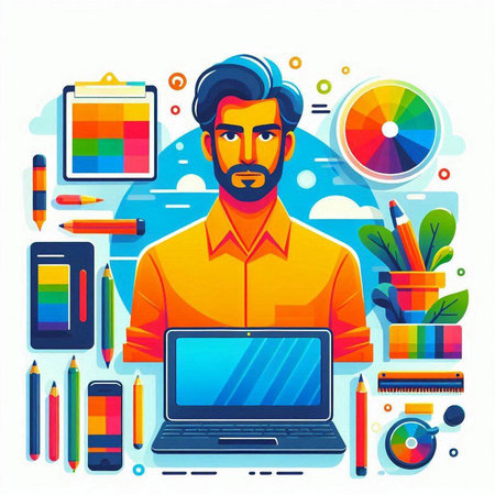Vector illustration of man with laptop in flat style. Vector illustration.のイラスト素材