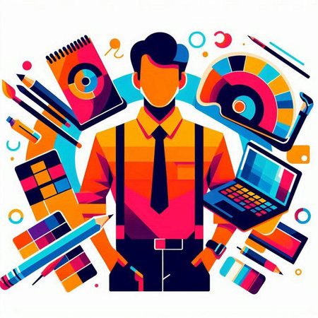 Vector illustration of a man working in the office. Colorful backgroundのイラスト素材
