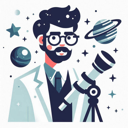Astronaut with telescope and planets. Vector illustration in flat style.のイラスト素材