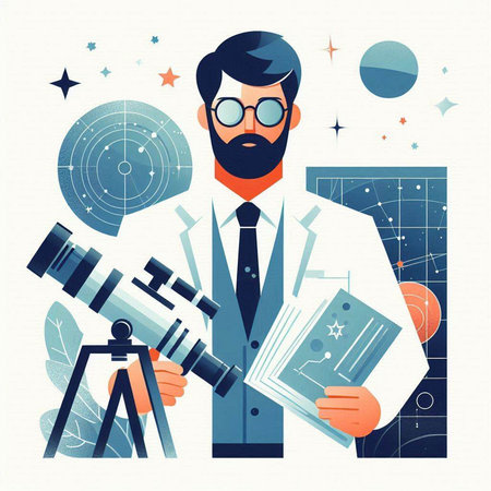 Scientist with telescope and camera. Vector illustration in flat style.のイラスト素材