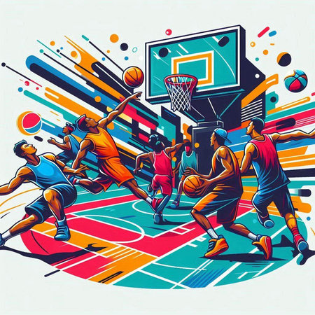 Basketball players in action. Vector illustration of a basketball game.のイラスト素材