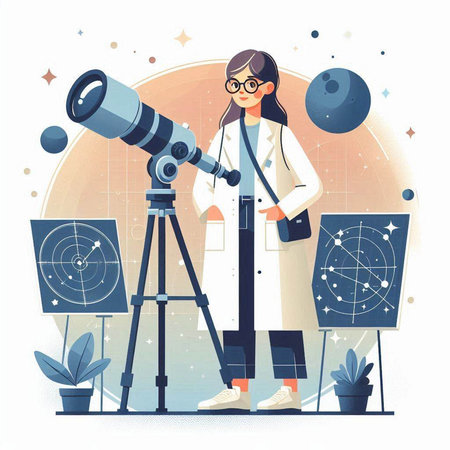 Scientist woman with telescope and binoculars. Vector illustration.のイラスト素材
