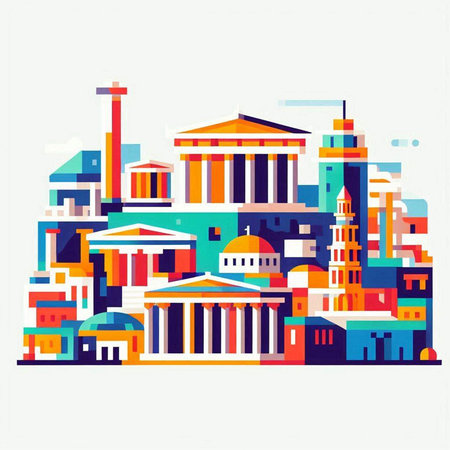 Cityscape with buildings and columns. Vector illustration in flat style.のイラスト素材