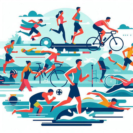 Vector illustration of a group of people engaged in sports, cycling, running, swimming.のイラスト素材
