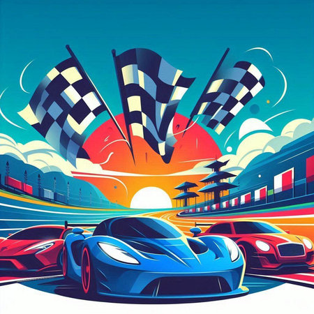 Futuristic city with fast cars on the road. Vector illustration.のイラスト素材